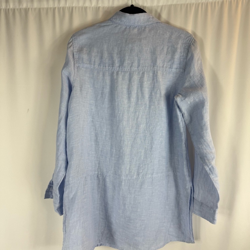 Tahari French blue 100% linen tunic shirt top split hem S Button -Up Top - Picture 11 of 14